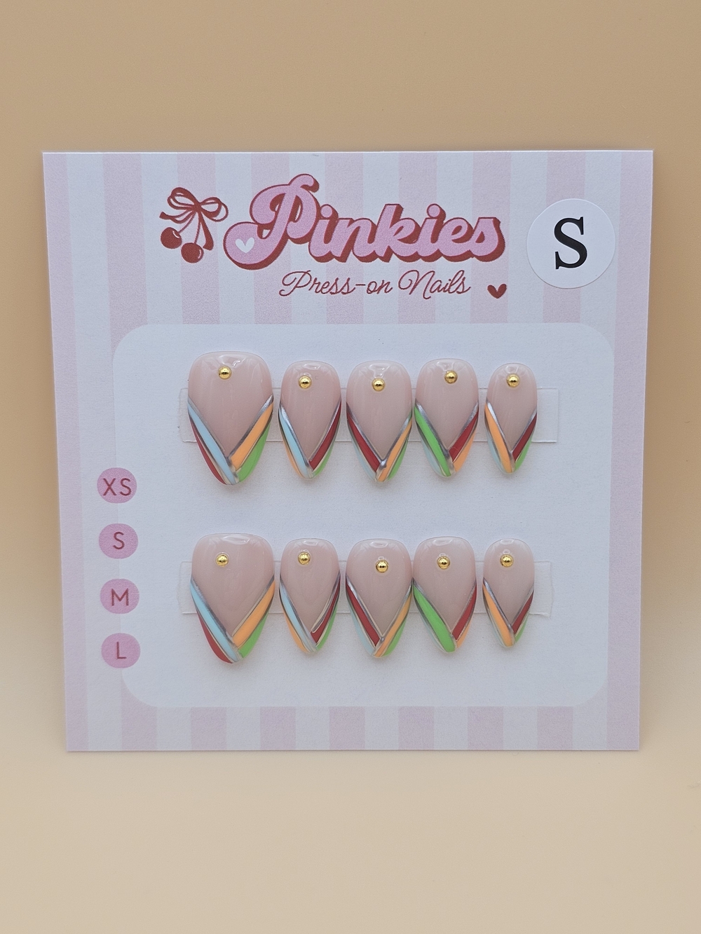 Press-on Nails Set 10pc Size S Short Almond Stripes French Tips Red Orange Blue